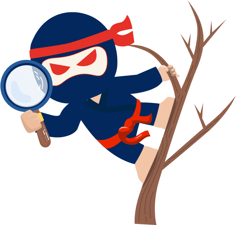 Ninja hanging on a tree looking though a magnifying glass
